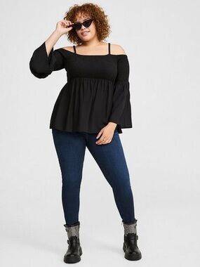 Torrid Challis Cold Shoulder Smocked Blouse Black Top 2X